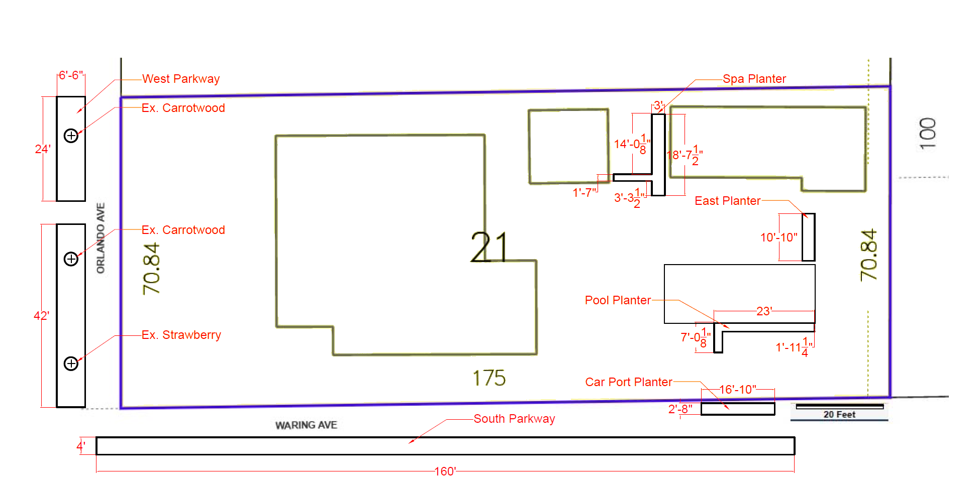 Orlando Ave property site plan showing all planter zones